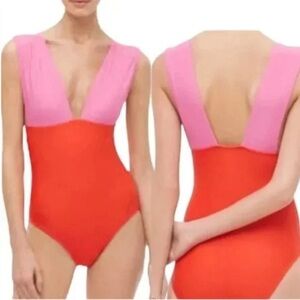 J CREW Pink & Coral Colorblock Ruched One Piece
Swimsuit Size M